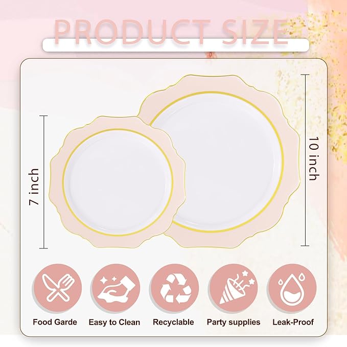 WDF 100PCS Pink Plastic Plates - Heavy Duty Pink and Gold Disposable Plates - Include 50 Dinner Plate and 50 Cake Plastic Plate for Baby Shower/Wedding/Spring/Bridal Shower/Tea Party/Mother's Day