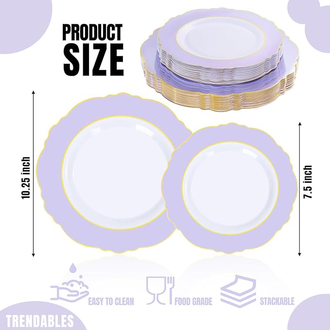 WDF 60pcs Purple Plates Disposable with Gold Rim - Baroque Light Purple Plastic Plates - Lavender Plates for Spring/Wedding/Birthday/Mother's Day
