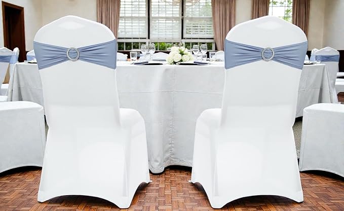 MDS Pack of 25 Spandex Chair Sashes Bow Premium Stretch Chair Cover Band with Buckle Slider Universal fits Elastic Stretch Chair Ties for Wedding Party Banquet Events Decoration - Dusty Blue