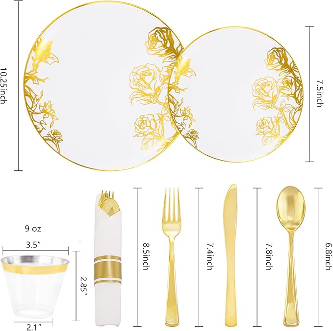 DaYammi 210Pcs White Gold Plastic Plates for Party,Gold Disposable Dinnerware Set Includes 60 gold Floral Plates,30 Plastic Silverware,30 Per Rolled Napkins,30 Cups for Mother's Day Party Wedding
