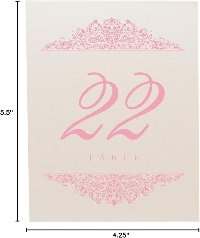 Paisley Wedding Table Numbers (Select Color/Quantity), Champagne, Pink, 1-30, Double Sided, Tent or Use in a Stand, Great for Parties & Restaurants - Made in the USA