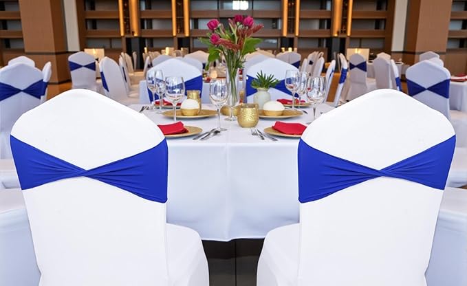 MDS Pack of 25 Spandex Chair Sashes Bows Elastic Stretch Dining Chair Bands Ties Without Slider Buckle Universal fits for Wedding Baby Shower Birthday Party Banquet Event Decoration - Royal Blue
