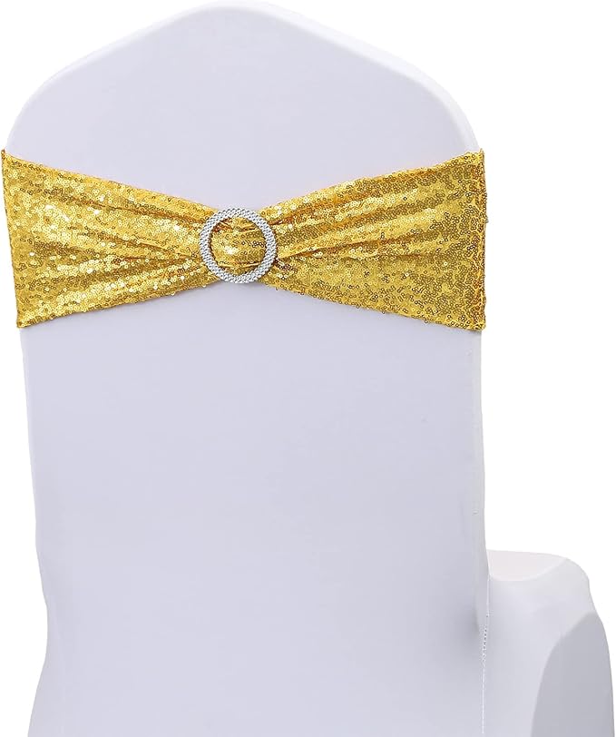 100 Pack Gold Sequin Chair Sashes for Wedding Decor, Glitter Chair Sash Bows Bands with Buckles for Party Birthday Christmas Anniversary Banquet Celebration Events Decorations