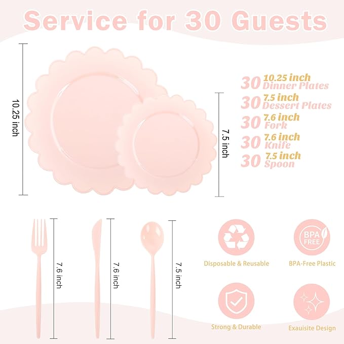 WONDERFUL 150 Pcs Pink Plastic Plates Disposable Plastic Dinnerware Set Pink Plate and Silverware Set Disposable Plates for Party Wedding & Bridal Shower Party Mothers Day Decor 30 Guests