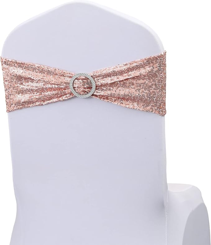 Pack of 50 All Around Rose Gold Sequin Chair Sashes for Wedding Decor, Sequins Chair Bands with Silver Buckles for Party Baby Shower Fiestas Decorations, Glitter Rose Gold Chair Sashes
