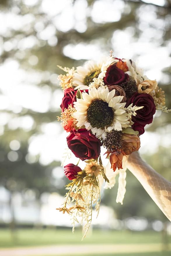 Ansofi 9 Inch Vintage Sunflower Wedding Bouquets for Bride Artificial Burgundy Rose Cascading Bridal Bouquet Burnt Orange Rustic Toss Bouquet for Wedding Ceremony Party Church Decor