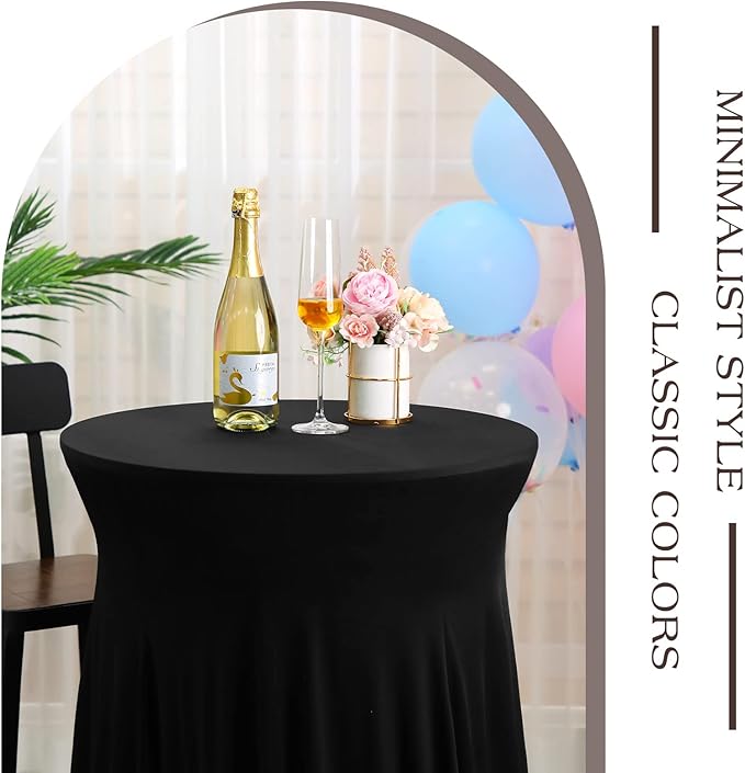 Tegeme 4 Packs Round Spandex Cocktail Tablecloths with Skirt 32 x 43 Inch Cocktail Round Table Cover Spandex Stretch Square Tablecloth Skirt for Table Bar Wedding Party Banquet (Black)