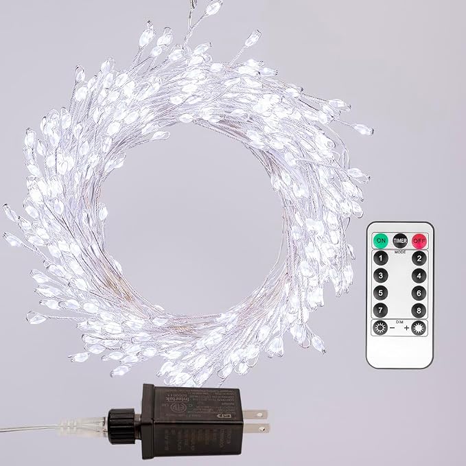 Fairy Lights Plug in, 10 Feet 100LED Cool White Silver Wire Firecracker Firefly Lights with Remote, Waterproof Copper Wire Lights for Bedroom Wreath Window Wedding Christmas Tree Decoration