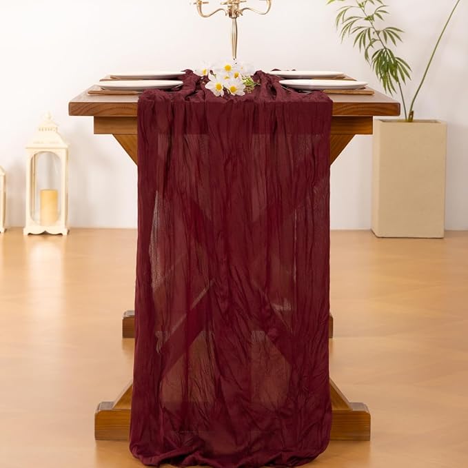 Socomi 2pcs Burgundy Red Easter Spring Cheesecloth Table Runner Boho Rustic Gauze 120 inch 10FT Cheese Cloth Runner for Wedding Party Baby Shower Birthday Home Decor Holiday Decorations