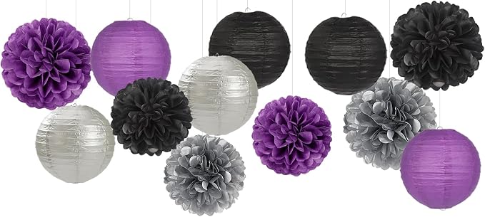 Purple-Black Silver Party-Decorations Paper-Flowers Lanterns - 15pc Lavender Birthday Graduation Tissue Pom Poms Streamers,Bachelorette Bridal Baby Shower Engagement Wedding Halloween Decor Panduola