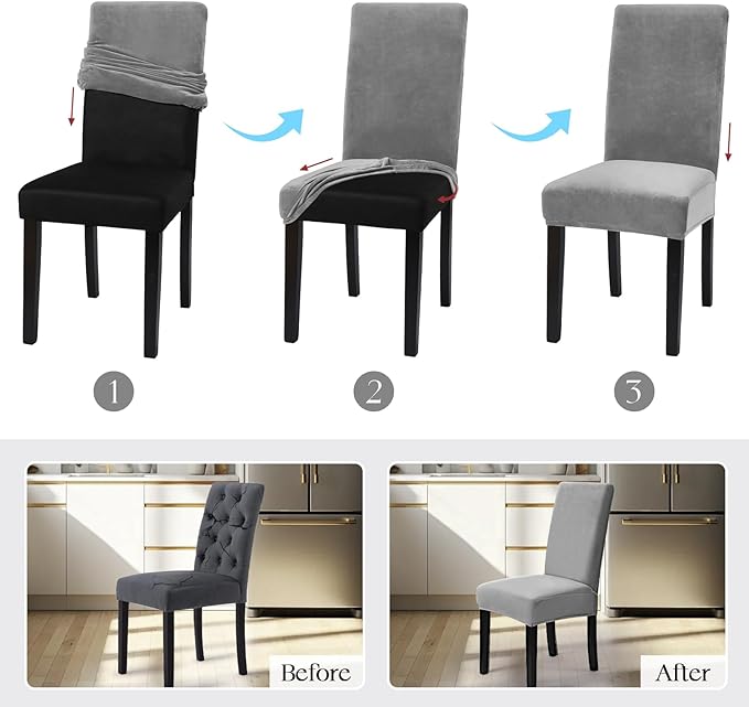 MOSAYT Velvet Stretch Chair Covers for Dining Room Set of 6 - Soft Slipcovers with Thick Removable Fabric for Parsons Chairs, Washable Seat Protectors for Kitchen, Banquet & Home Decor, Silver Grey