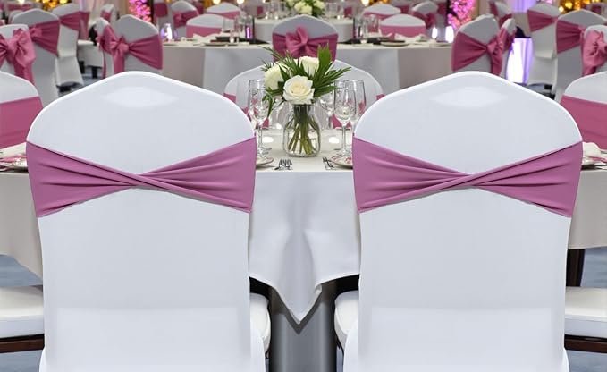 MDS Pack of 25 Spandex Chair Sashes Bows Elastic Stretch Dining Chair Bands Ties Without Slider Buckle Universal fits for Wedding Baby Shower Birthday Party Banquet Event Decoration - Dusty Pink