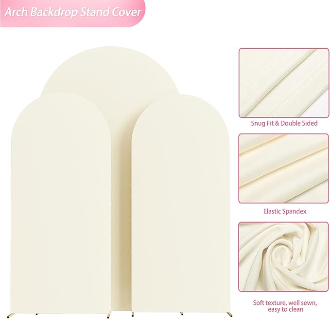 Wokceer Wedding Arch Backdrop Cover 7.2FT, 6FT, 6FT Spandex Set of 3 Wedding Arch Stand Covers Round Top Chiara Backdrop Stands Cover for Birthday Party Ceremony Banquet Decor Ivory