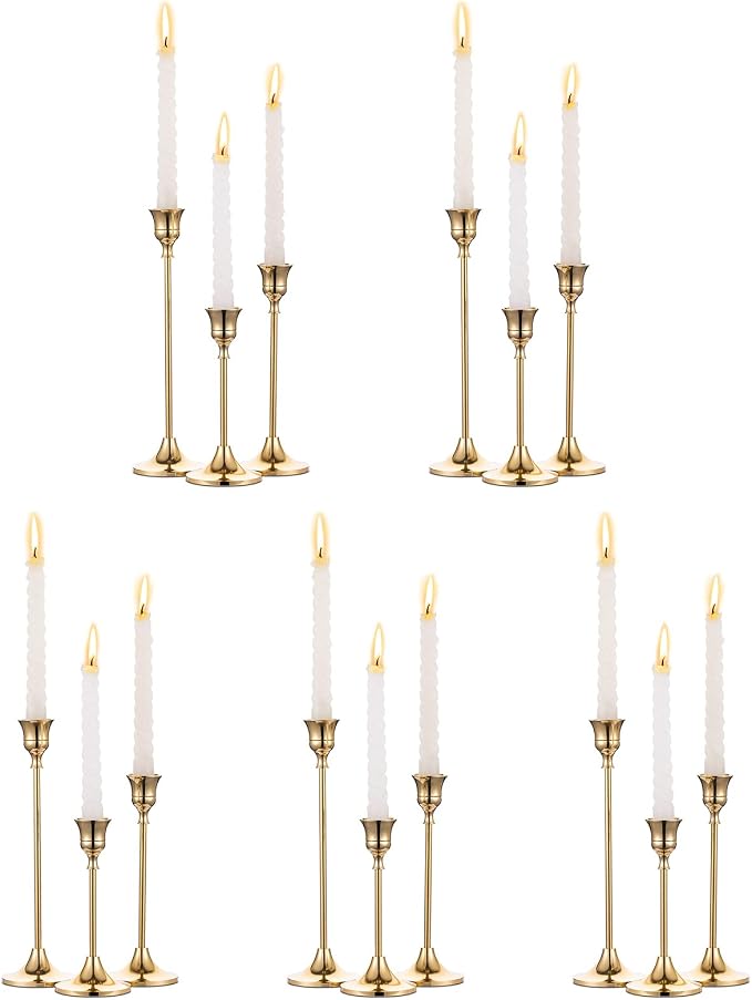 Nuptio Candlestick Candle Holders 15 Pcs Candle Stick Holder Gold Taper Candle Holder Candle Stand for Wedding Party Thanksgiving Halloween Birthday Mantel Baby Shower Table Centerpieces Decor