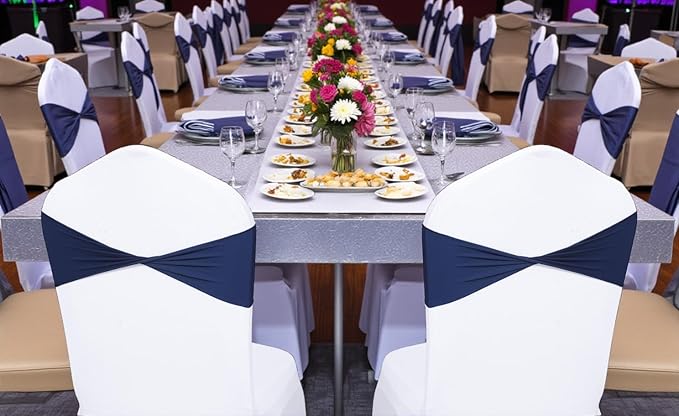 MDS Pack of 250 Spandex Chair Sashes Bows Elastic Stretch Dining Chair Bands Ties Without Slider Buckle Universal fits for Wedding Baby Shower Birthday Party Banquet Event Decoration - Navy Blue