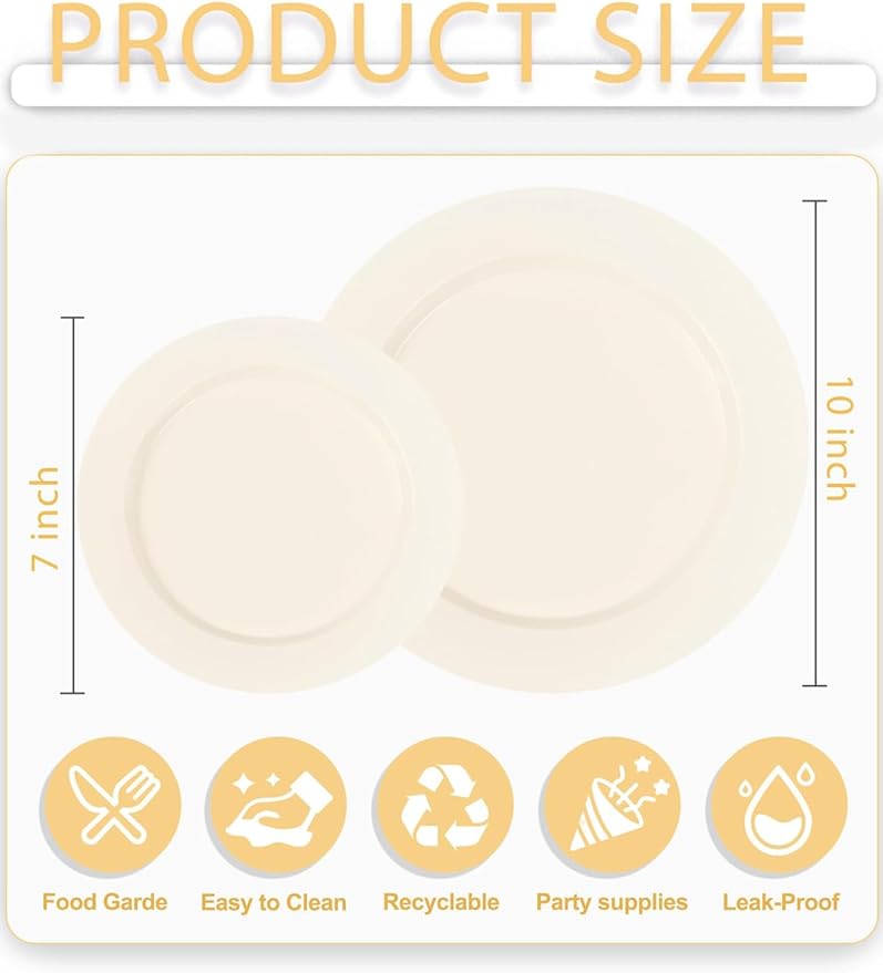 WDF 200PCS Ivory Plastic Plates - Elegant Ivory Disposable Plates for Party- Include 100 Dinner Plate 10inch and 100 Plastic Dessert Plate 7inch Perfect for Party Baby Shower Spring Mother's Day