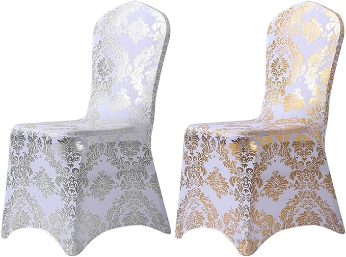 Pack of 20 Dining Chair Covers Bronzing Silver Flower Print Removable Washable Spandex Stretch Decorative Chair Slipcovers Set for Party Wedding Home Decorations - Silver+White