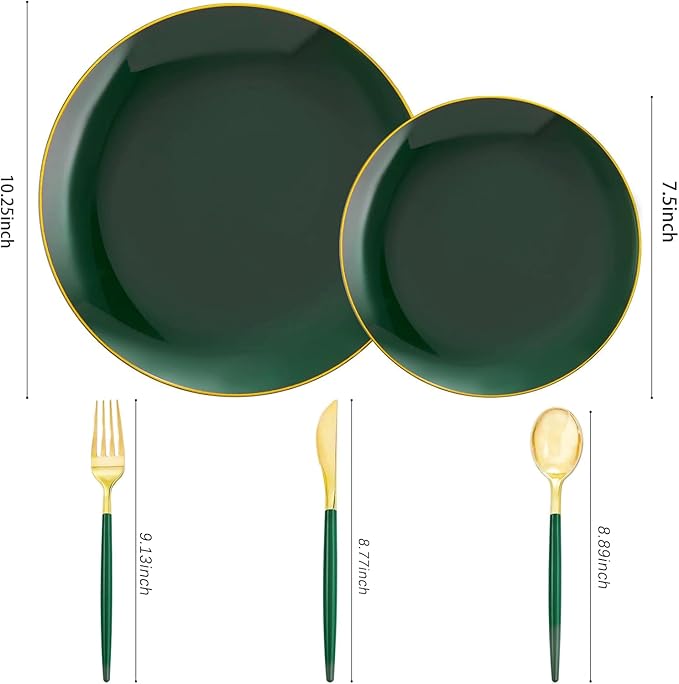 Liacere 150PCS Green Plastic Plates - Gold Plastic Silverware with Green Handle - Heavy Duty Fancy Plastic Plates Disposable Include 30 Guests Plates, Forks, Spoons, Knives for St. Patrick's Day