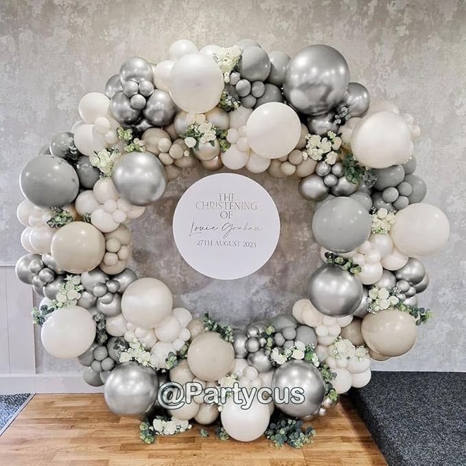 Grey White Sand Balloon Garland - Double Stuffed Beige Pearl White Neutral Balloon Arch Kit with Silver Color for Bridal Wedding Baby Shower Birthday Party Decoration