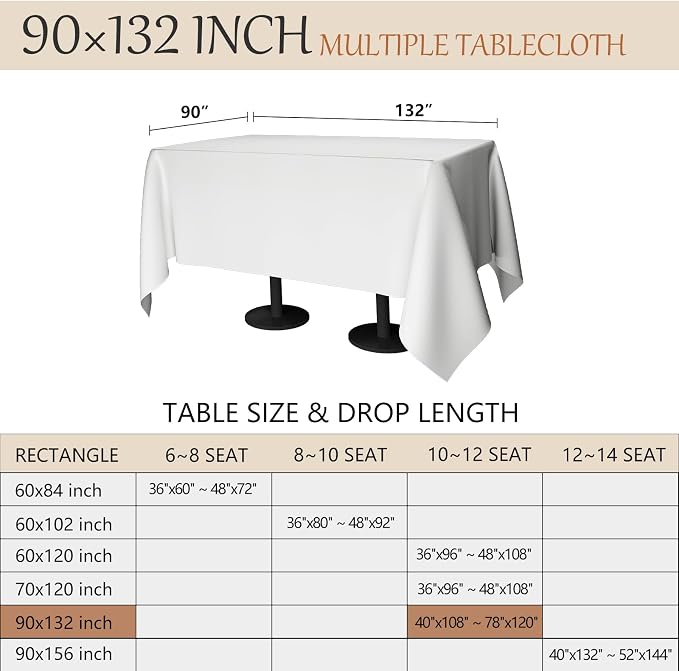 90x132 Table Cloth - 8 Pack Rectangular White Washable Stain and Wrinkle Resistant Polyester Table Cover for Dining Tables, Various Parties and Camping (White)