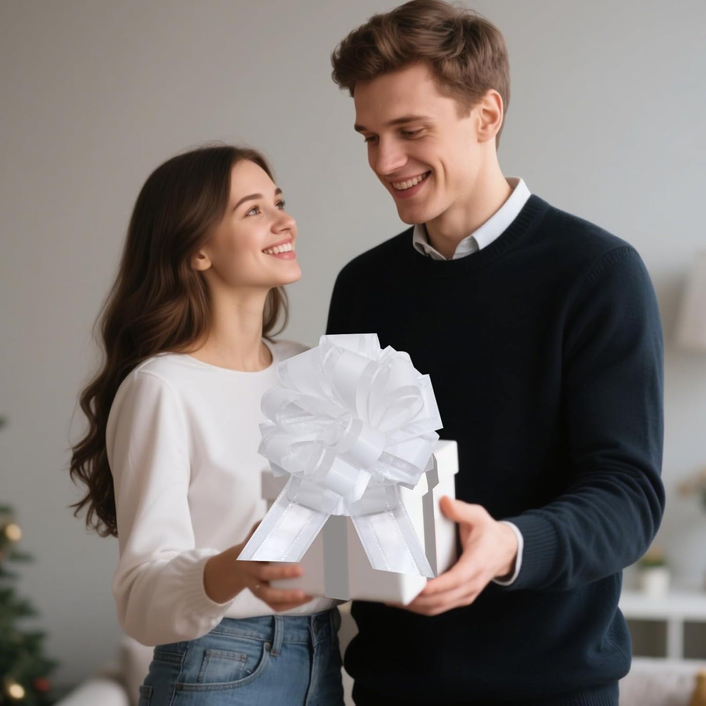 6 PCS 6 Inch Organza White Pull Bows - Perfect for Gift Wrapping, Wedding Decor, Car Bows, Birthday Parties, Christmas, and Valentine's Day