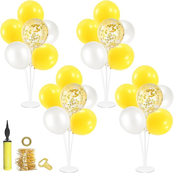 ZJDHPTY 4Set Yellow and White Balloon Stand Table Centerpiece Party Decor | Sunflower Daisy Bee Birthday Baby Shower Bridal Shower Engagement Wedding Spring Summer Backyard Party Decorations