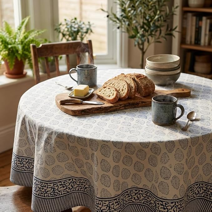ATOSII Amalfi 100% Cotton Round Tablecloth, Handblock Print Floral Table Cloth for Kitchen Dining Linen I Parties, Weddings, Outdoors, Spring Summer I 72" Inches Round