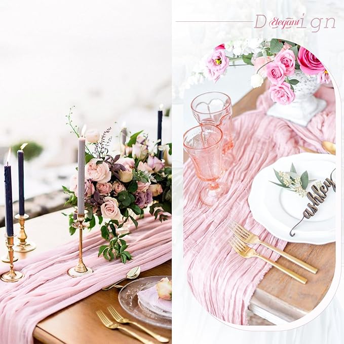 Showgeous 24 Pack Pink Cheesecloth Table Runner, 10FT Long Semi-Sheer Boho or Rustic Gauze Table Runner Wedding Table Decor for Wedding Arch Draping Bridal Shower Holiday Party