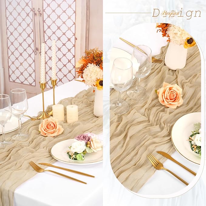 Showgeous 24 Pack Beige Cheesecloth Table Runner, 10FT Long Semi-Sheer Boho or Rustic Gauze Table Runner Wedding Table Decor for Wedding Arch Draping Bridal Shower Holiday Party