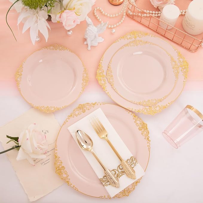 Morejoy 175pcs Pink Plastic Plates - Pink and Gold Disposable Plates sets, Include 25 Dinner Plates,25 Dessert Plates,25 Cutlery Sets,25 Napkins Perfect for Wedding & Party