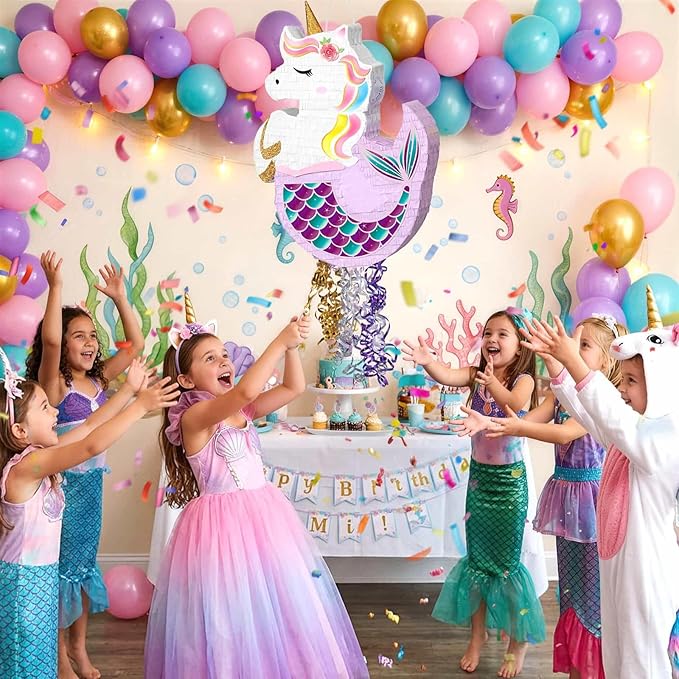 WERNNSAI Unicorn Mermaid Piñata - Unicorn or Mermaid Party Supplies Piñata Bundle with Blindfold, Bat for Girls Kids Rainbow Unicorn Mermaid Theme Birthday Game Decorations (16.5" x 12.4" x 2.9")
