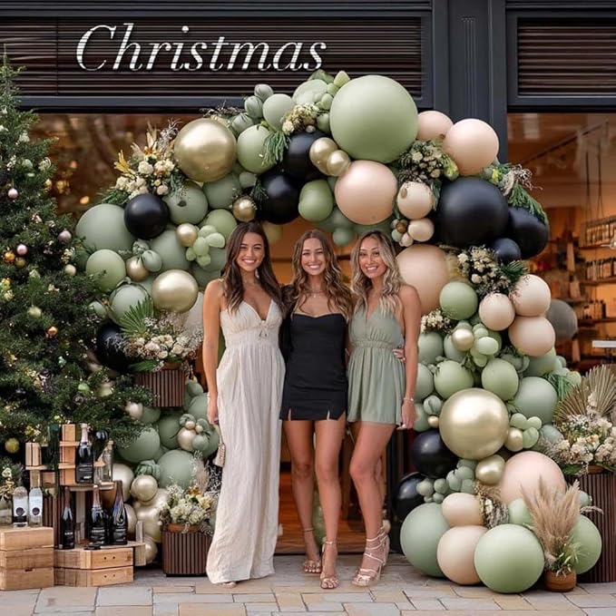 Sage Green Black Balloon Arch Kit, Double Stuffed Dusty Olive Green White Sand Cream Beige Gold Balloon Garland for Birthday Camo Woodland Jungle Wedding Boho Graduation Party Decoration