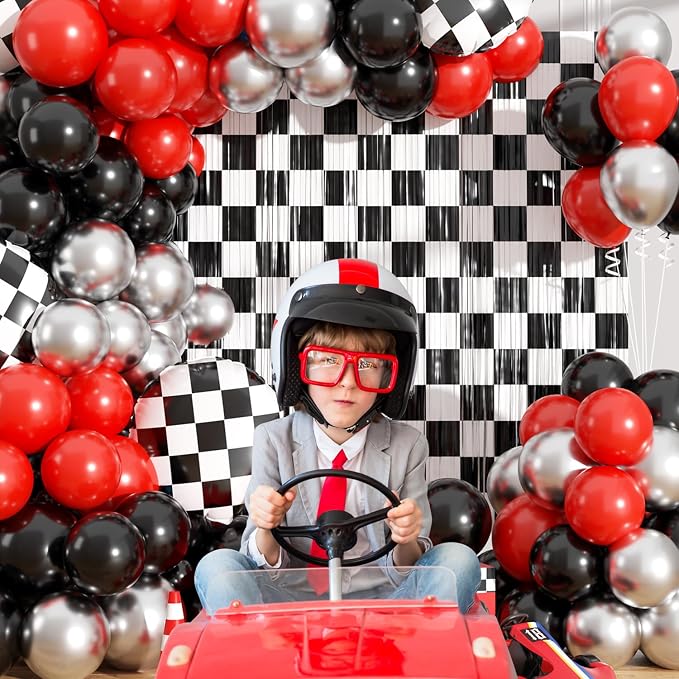 Race Car Balloon Garland Arch Kit Birthday Party Decorations, Black White Checkered Foil Fringe Curtains Backdrop Tinsel Streamer Photo Booth Props Racing One Happy Dude Party Decor Favors Supplies