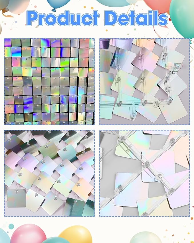 Iridescent Silver Shimmer Wall Backdrop 24 Panels Cover 6 x 4 Ft, Photo Backdrops for Wedding,Anniversary,Birthday,Party Decoration