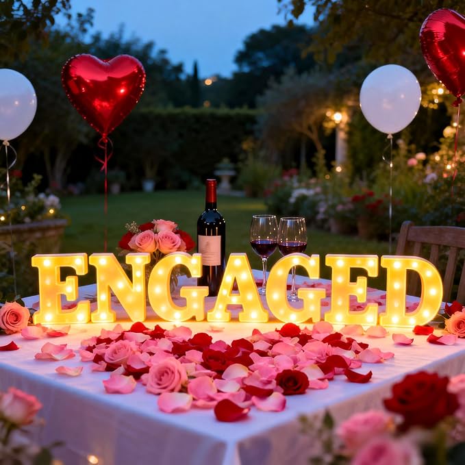 Engaged Decorations, Engaged Light Up Letters Sign with Rose Petals, Aluminum Balloons, Round Pearlescent Balloon, Double Sided Tape for Valentine's Day Wedding Romantic Party