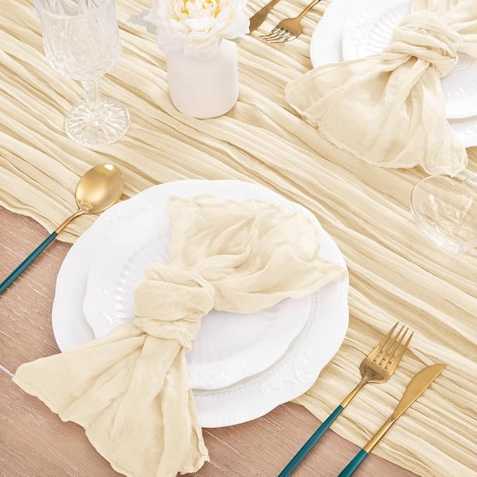 MLMC 3 Pack Beige Cheesecloth Table Runner 10ft Rustic Boho Gauze Cream Table Runner Bulk Decor 35x120 Inches for Wedding Bridal Baby Shower Party Decor