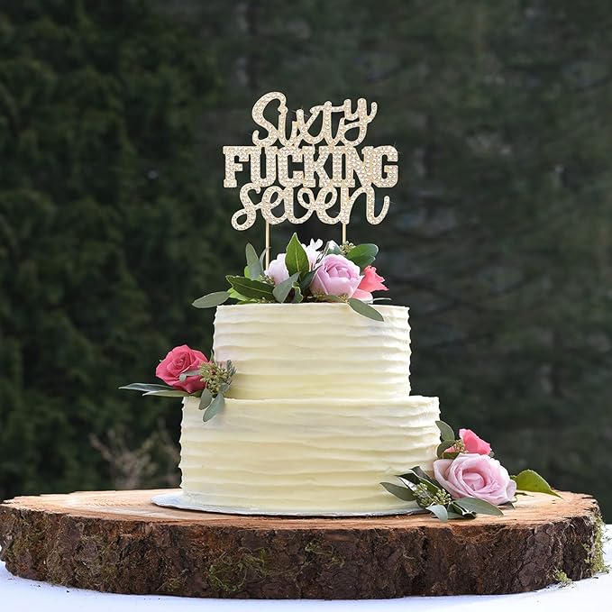 LINGTEER Sixty Seven Funny Gold Rhinestone Cake Topper - Cheers to 67 Years Old,Happy 67th Birthday Party Cake Centerpieces Topper Decorations.