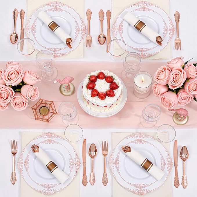 Nervure 700PCS Rose Gold Plastic Plates - Rose Gold Plastic Dinnerware Sets for 100 Guests - 200 White Disposable Plates, 300 Silverware, 100 Cups, 100 Napkins for Wedding & Party & Mothers Day