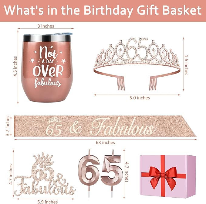 65th Birthday Decorations for Women Including Birthday Tiara and Sash, Candles & Cake Topper, 12oz Wine Tumbler with Lid, 65 Year Old Gifts for Women