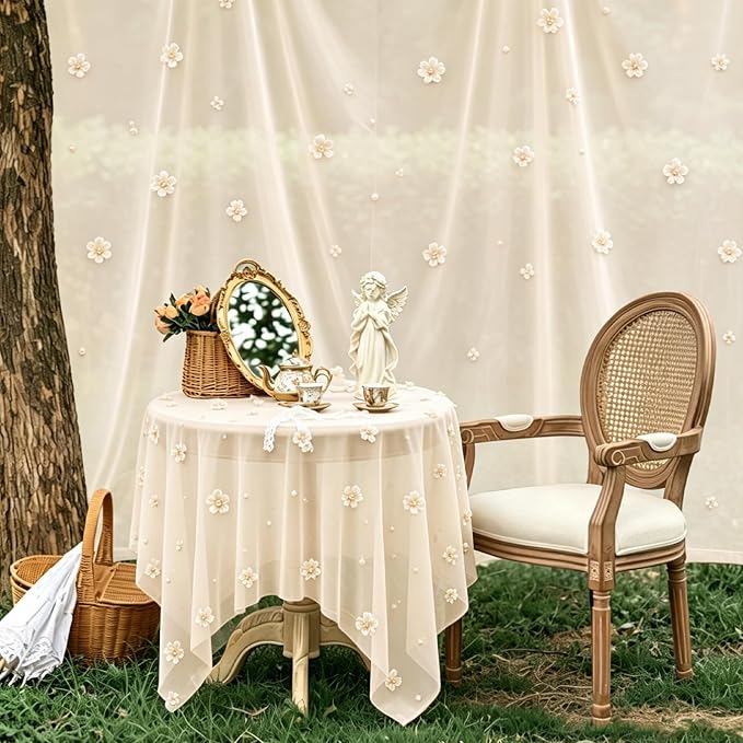 BINBE 4pcs Flower Pearl Table Runner Spring Summer Rustic Boho 10ft Tulle Table Runner for Baby Shower Wedding Veil Holiday Dessert Table Decor Champagne