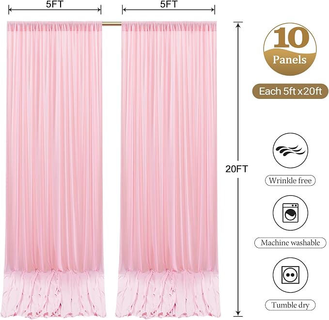 50ftx12ft Wrinkle Free Pink Backdrop Curtain, 10 Panels 12FT Long Wedding Photo Backdrop Drapes, Silky Polyester Back Drop Cloth for Birthday Photography Background Party Backdrop Draping