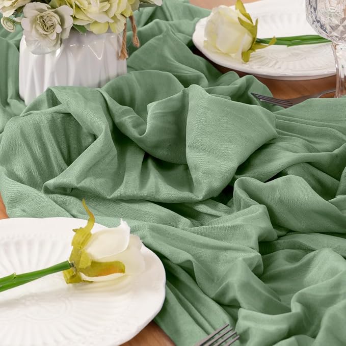 LINXTAR Sage Green Cheesecloth Table Runner 4 Pack 160 Inches 14Ft Gauze Summer Boho Table Runner for Wedding Tea Party Baby Shower Bridal Birthday Home Decoration