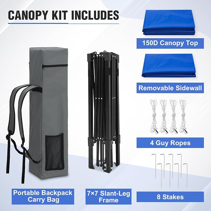 EAGLE PEAK 8x8 Pop Up Canopy Tent with Extended Eaves & Sidewall, Compact, Portable, Easy Setup Slant Leg Instant Shelter for Beach, Sports, & Camping, 8x8 Base 7x7 Top, Blue