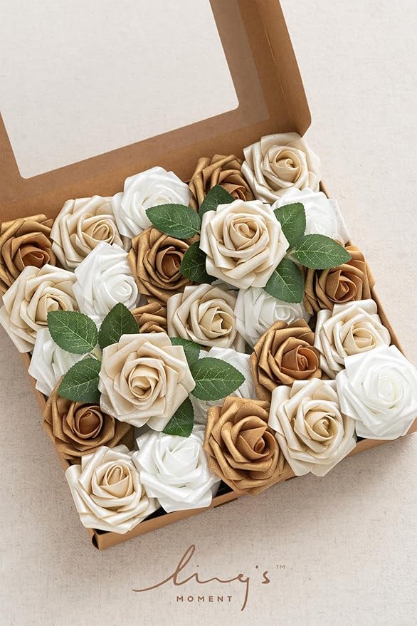 Ling's moment Artificial Flowers 25Pcs Gold Roses Decor w/Stems,3" DIY Foam Floral for Wedding Bouquet/Centerpieces, Outdoors Party Backdrop, Room/Table, and Garden/Pot Decorations