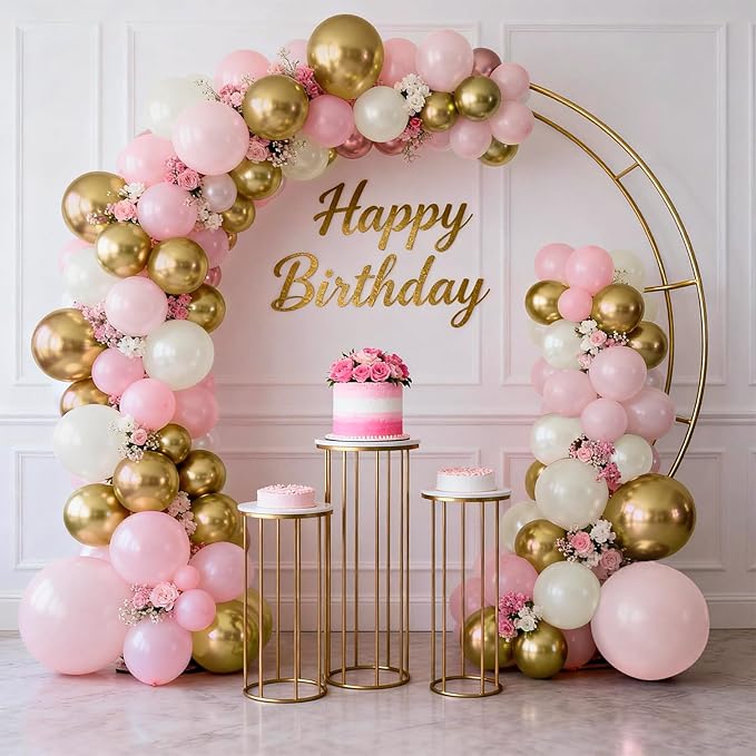 Pink White Gold Balloons Arch Kit - 119 PCs Double Stuffed Pearl White Pastel Light Pale Pink Champagne Gold Balloons for Wedding Bridal Shower Birthday Party Decorations for Girls Women