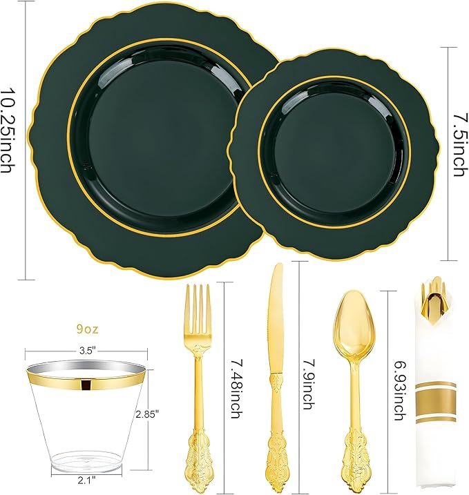 Liacere 175PCS Green Plastic Plates - Emerald Green Disposable With Gold Rim - 25Guest Baroque Plastic Dinnerware include 50Plates-25Pcs Pre Rolled Napkins with Silverware 25Cups for Party & Wedding