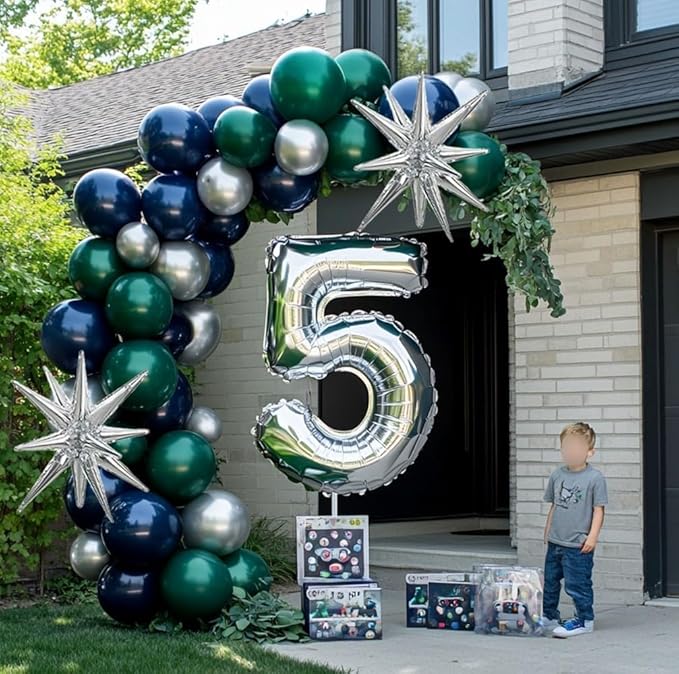 Navy Blue Green Silver Balloon Garland Double Stuffed Dark Green Silver Forest Navy Balloon Metallic Arch Kit for Birthday Football Game Dinosaur Graduation Party Decoration