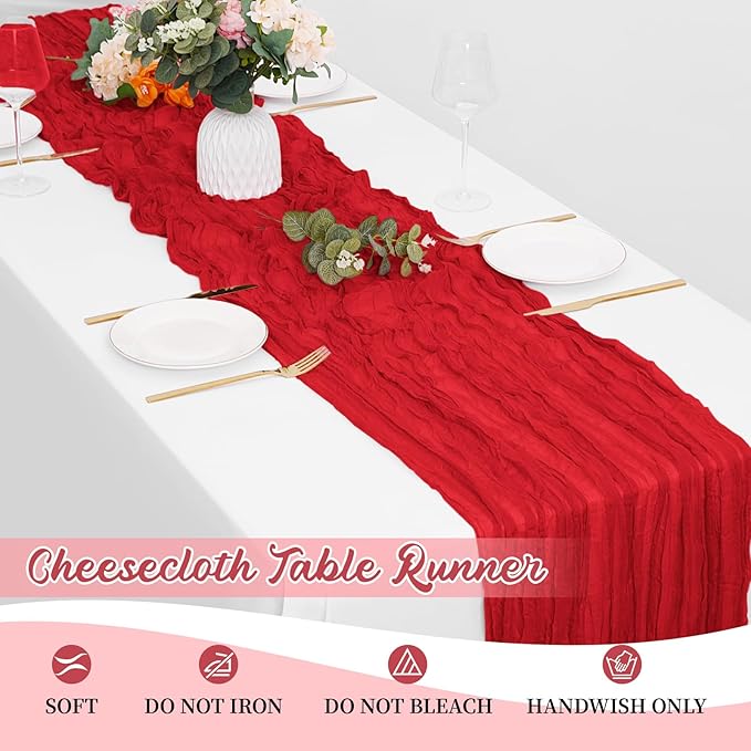 8 Pack Red Cheesecloth Table Runners 20x120 Inch Gauze Table Runner 10FT Easter Cheese Cloth Table Runner Rustic Sheer Runner for Wedding Baby Shower Birthday Party Table Decor