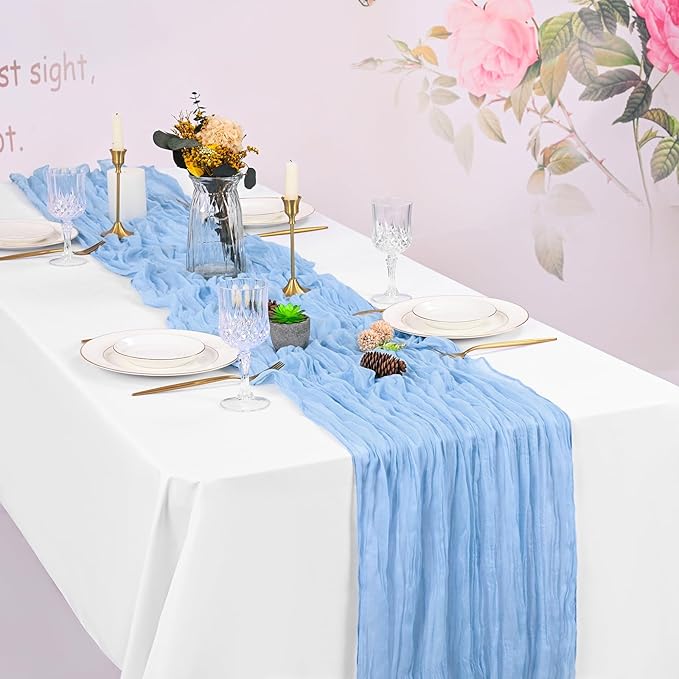 16 Pack Light Blue Cheesecloth Table Runner 120 Inch 10FT Spring Boho Rustic Sheer Gauze Cheese Cloth Table Runner for Wedding Baby Shower Birthday Party Table Decor