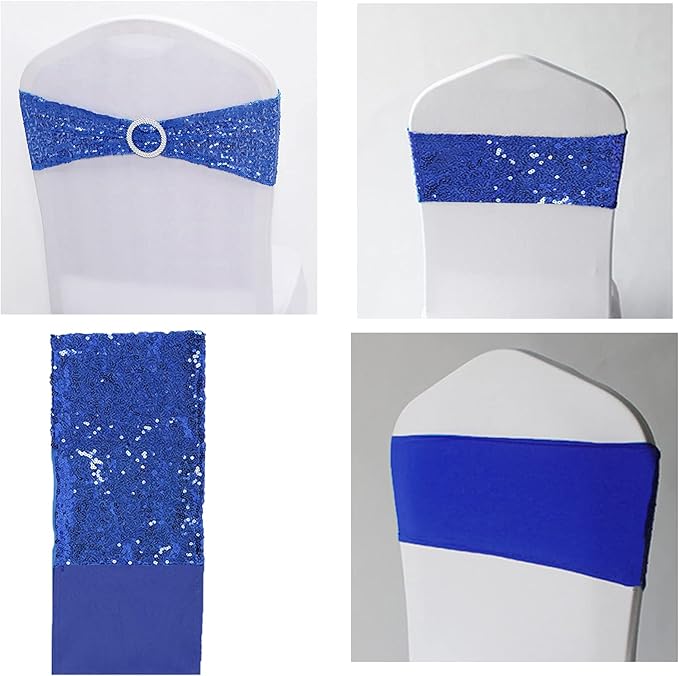 Dimatic 50 PCS Stretch Sequin Chair Sashes Chair Stretchy Spandex Bands for Wedding Reception Events Banquets Chairs Decoration (Blue)